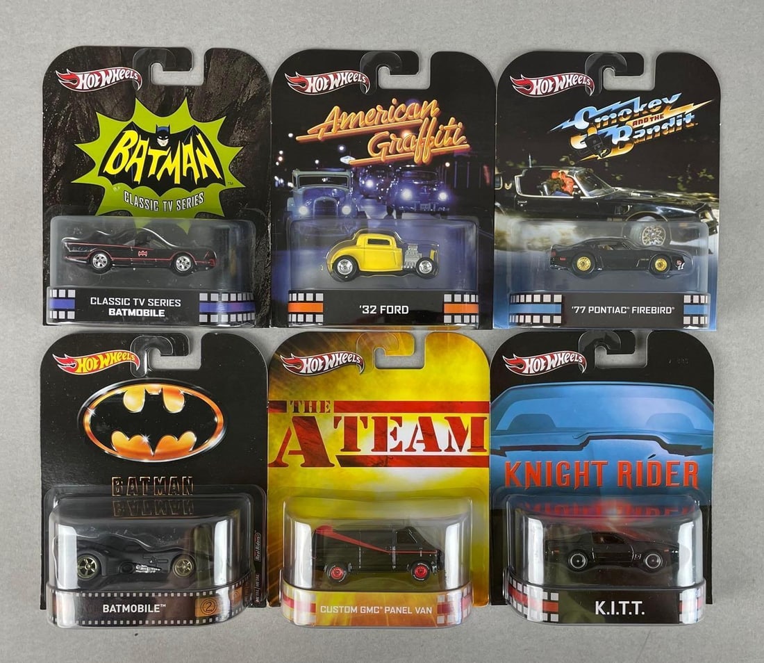Group of Mattel Hot Wheels Pop Culture Die-Cast Vehicles: Includes Batman, knight rider, Smokey and the bandit