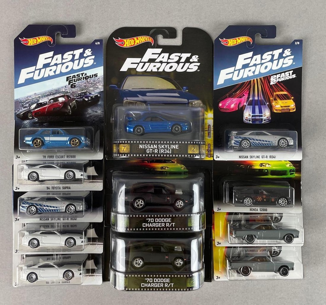Group of Mattel Hot Wheels Fast and Furious Die-Cast Cars: 1/64 scale, original packaging