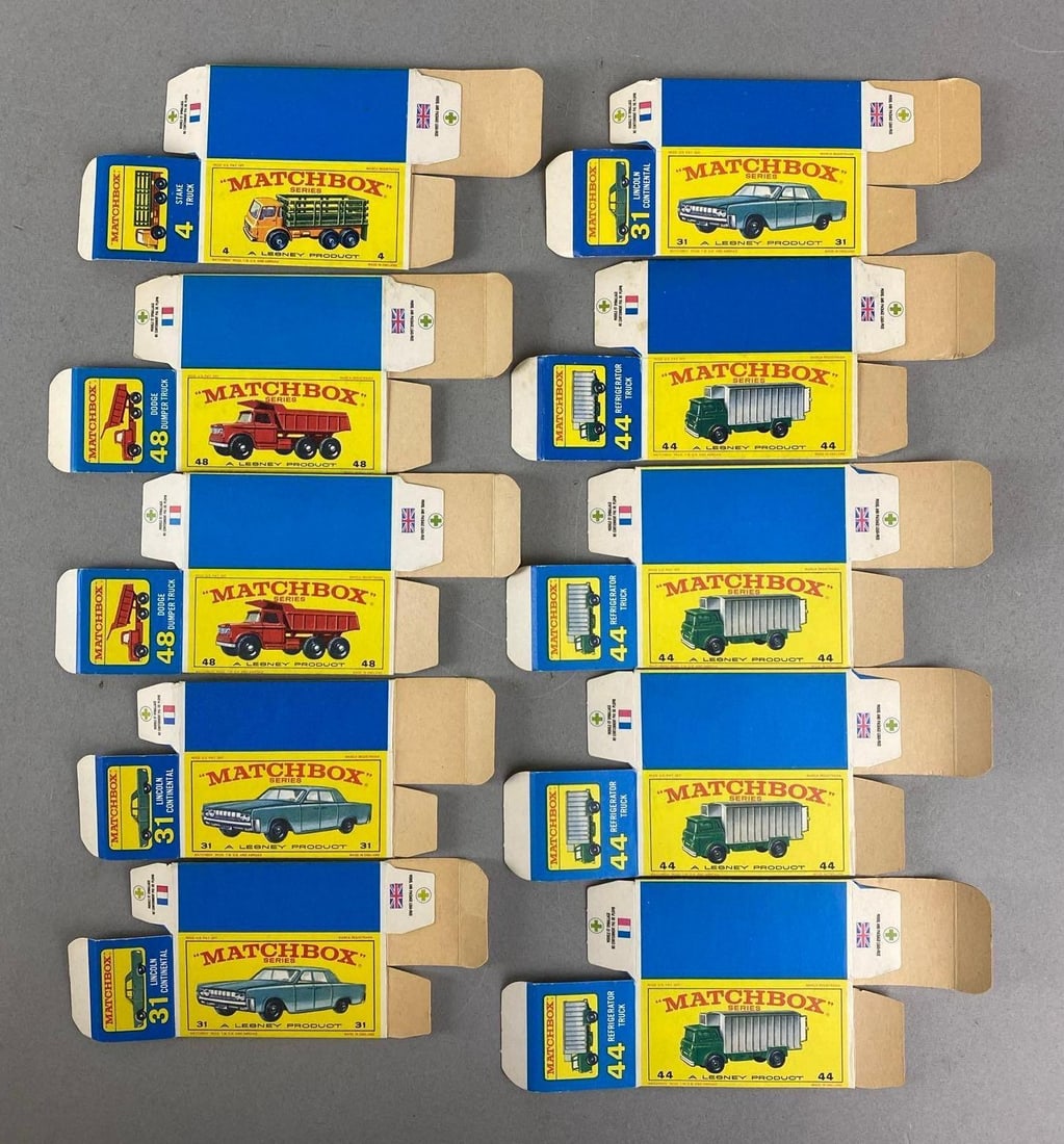 Group of 10 Matchbox Type E Boxes: Includes Stake Truck and more.