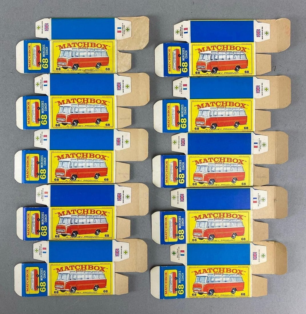 Group of 10 Matchbox Type E Boxes: All 10 are Mercedes Coach.