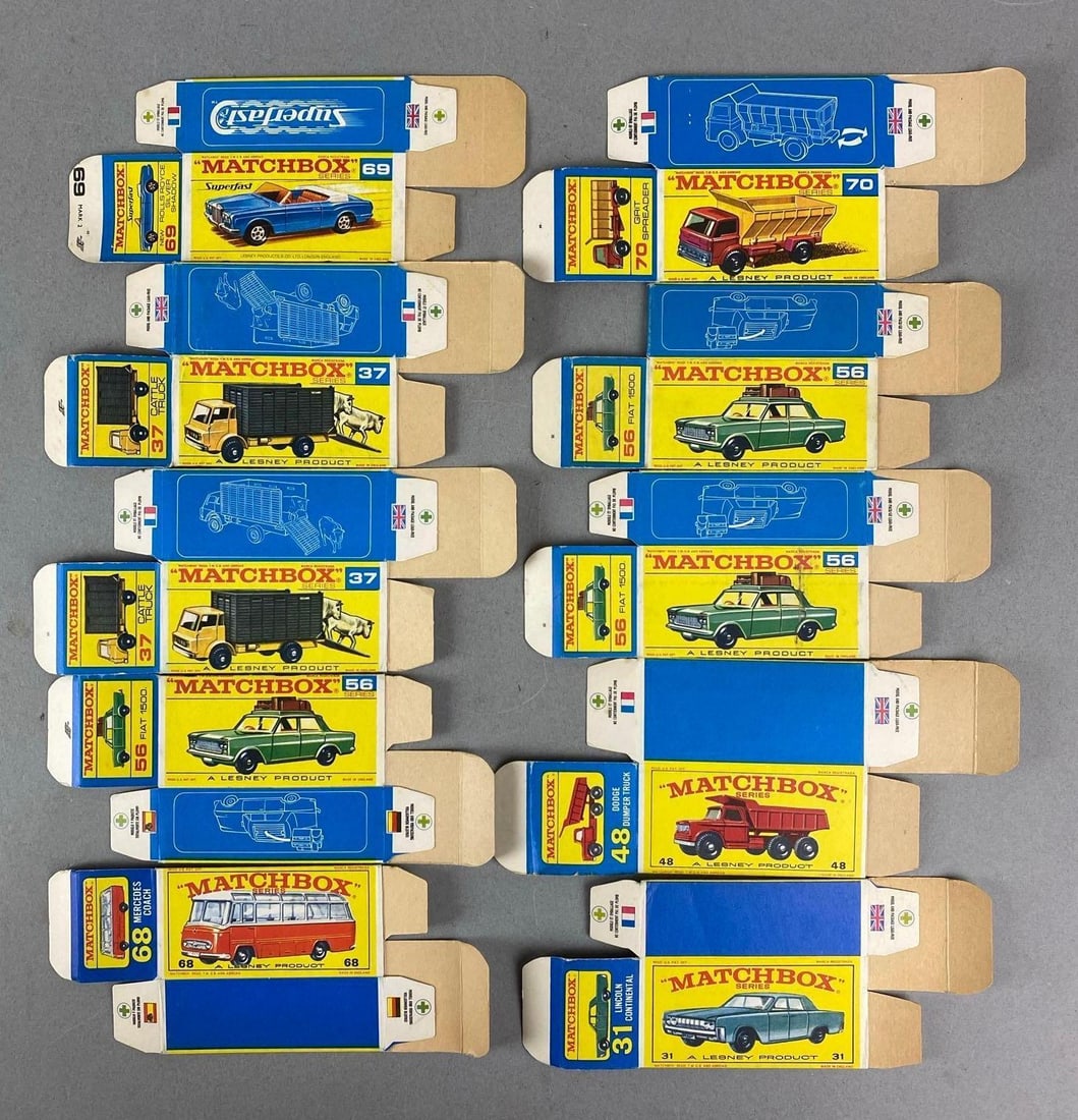 Group of 10 Matchbox Type F Boxes: Includes Dodge Dumper Truck and more,