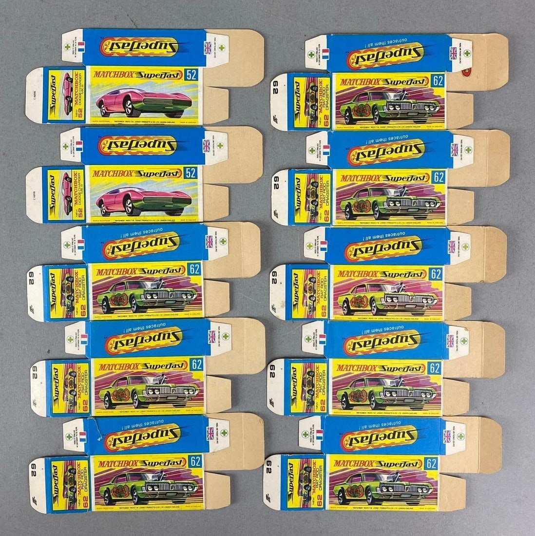 Group of 10 Matchbox Superfast Type G Boxes: Includes Rat Rod Dragster and more.