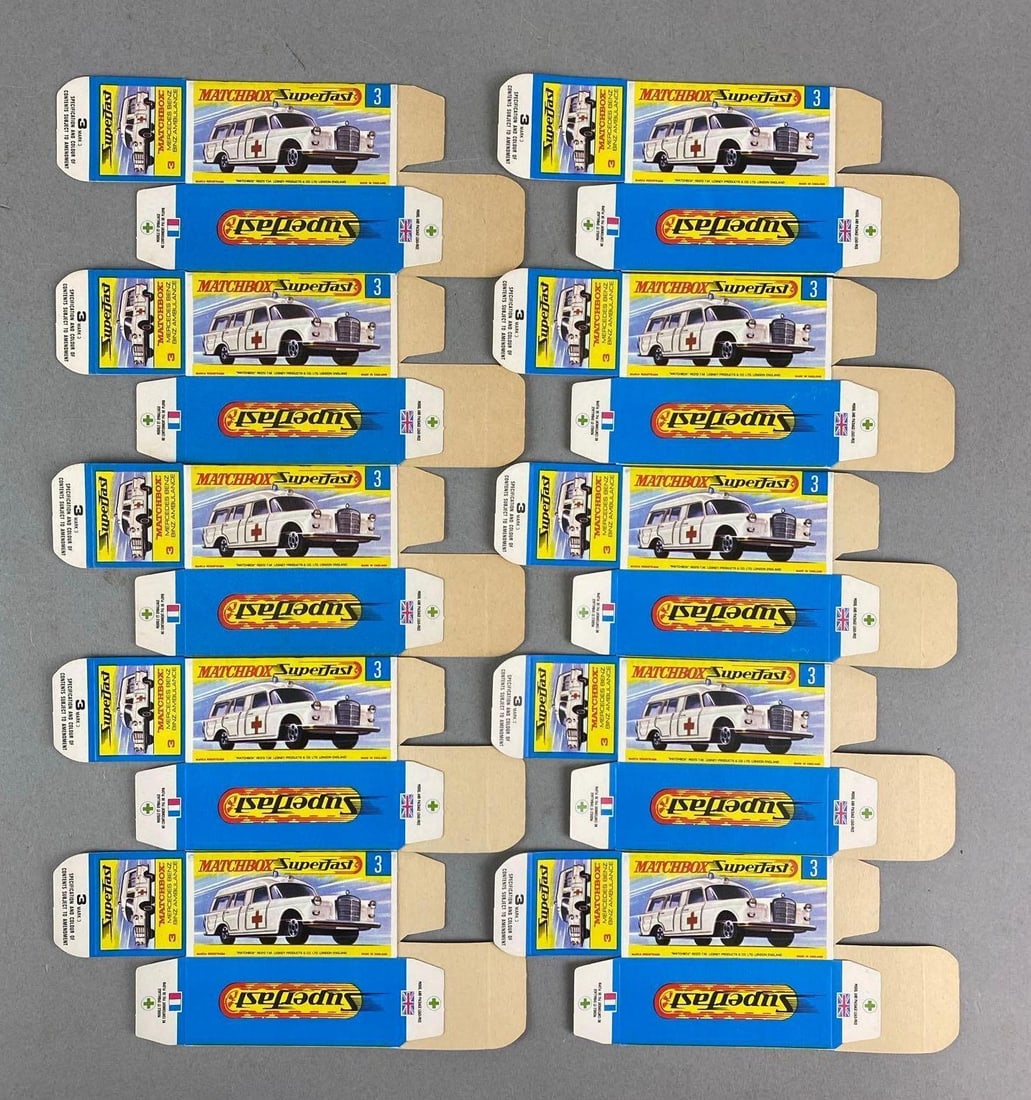Group of 10 Matchbox Superfast Type G Boxes: All 10 are Mercedes Benz Bin Ambulances