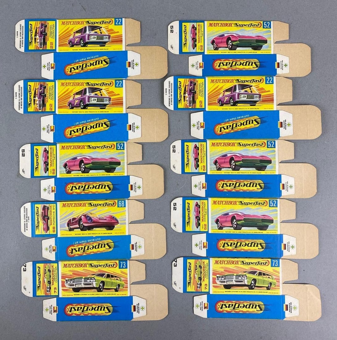 Group of 10 Matchbox Superfast Type G Boxes: Includes Porche 910 and more.
