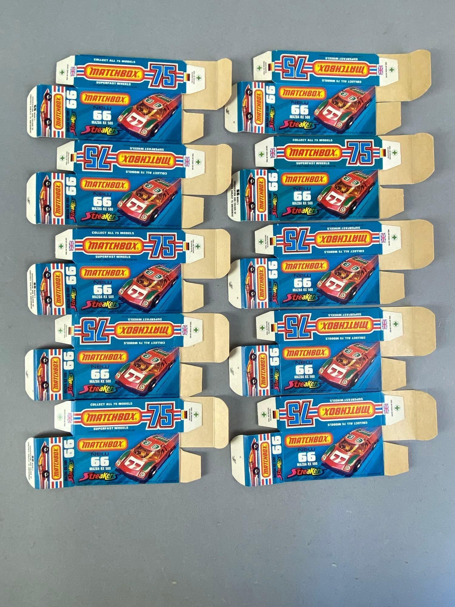 Group of 10 Matchbox J Type No. 66 Streakers Boxes: Mazda RX 500