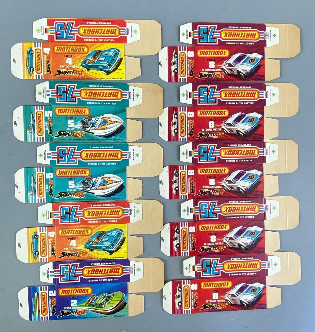 Group of 10 Matchbox J Type Boxes: Includes Pontiac Firebird and more