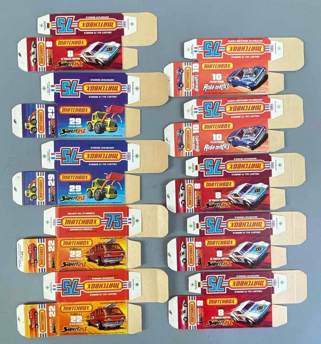 Group of 10 Matchbox J Type Boxes: Includes piston popper and more