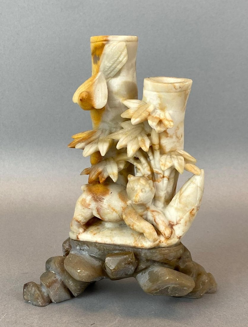 Vintage Chinese Bamboo Carved Soapstone Figurine: measures 6 x 4 1/2 x 2 inches