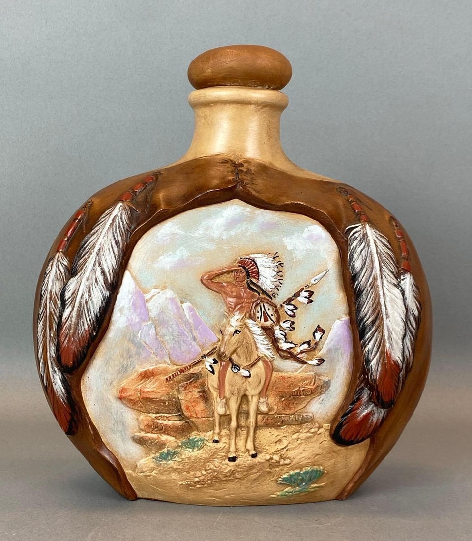 1981 Provincial Mold Native American Decorative Pottery Flask: Marked near base, measures 10 x 9 x 4 inches