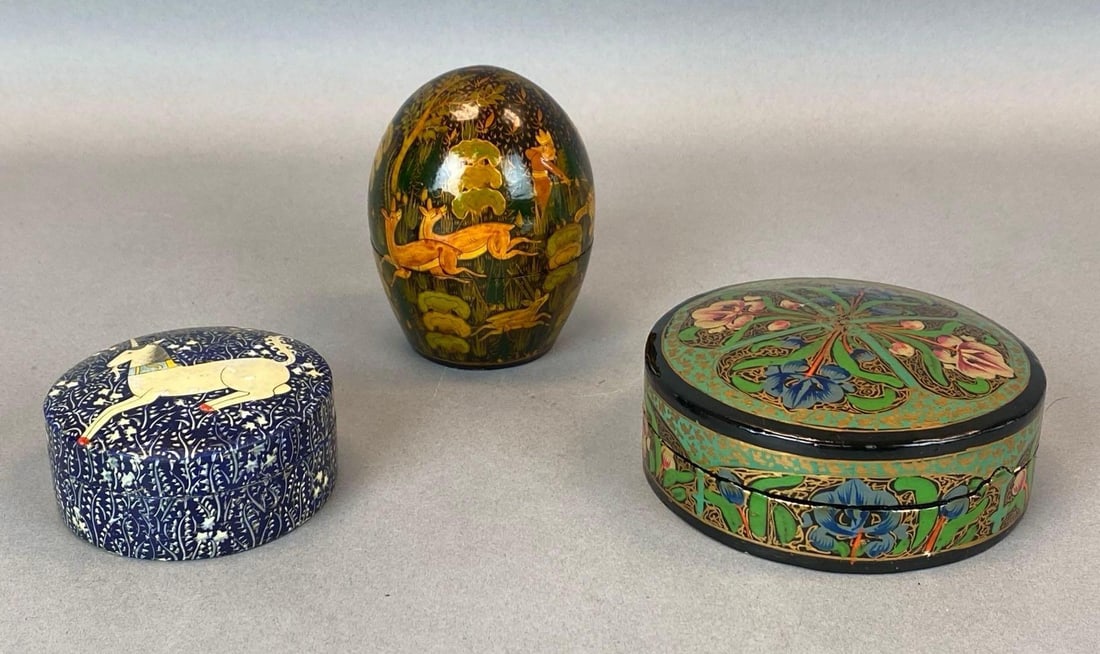 Group of Hand Painged Indian Boxes: Includes coaster holder, trinket box and box, largest measures 4 x 2 inches