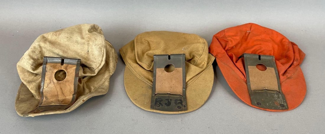 Group of 3 Vintage Miners Caps with Lamp Holders: Group of 3 Vintage Miners Caps with Lamp Holders