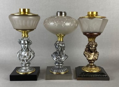Group of 3 Cast Metal Figural Womans Busts Oil Lamp Bases