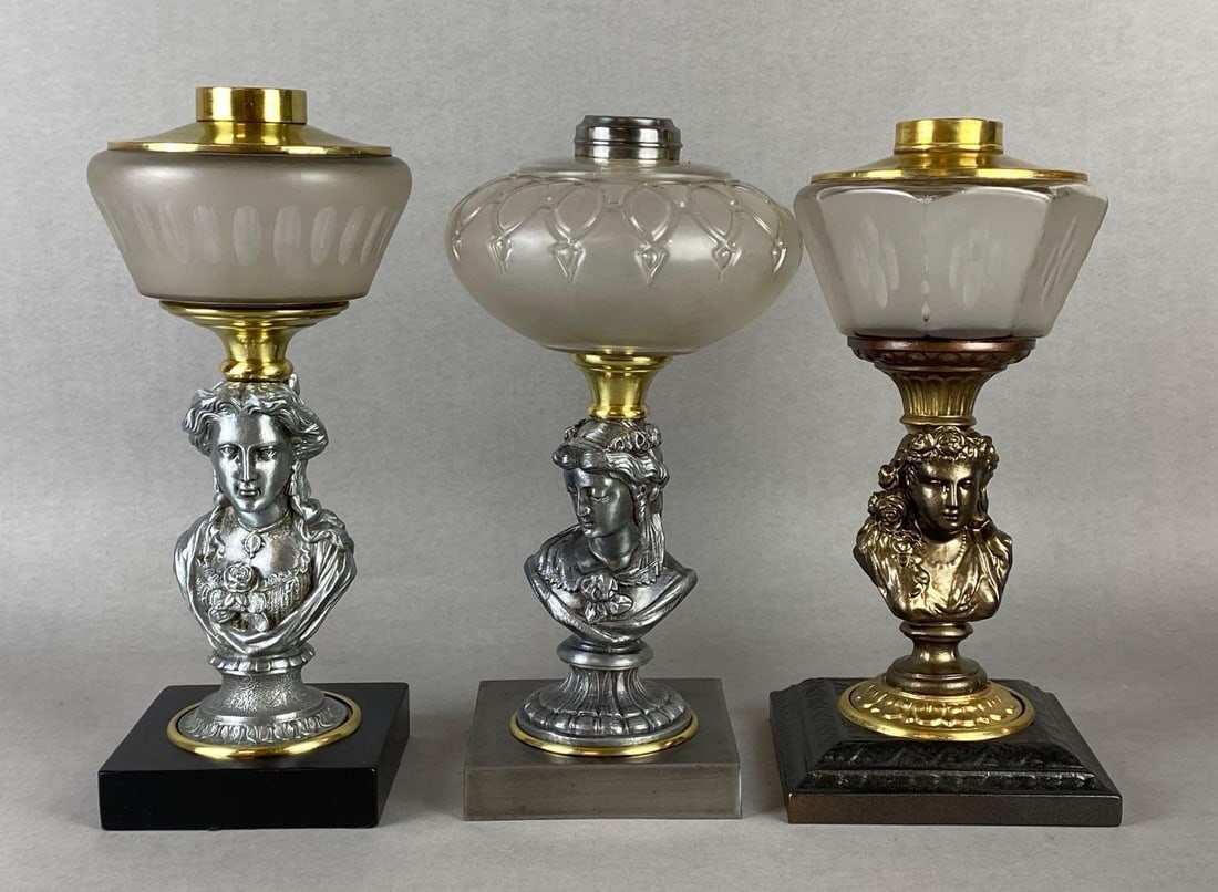 Group of 3 Cast Metal Figural Womans Busts Oil Lamp Bases: All with clear etched or embossed glass founts, Largest measures 12 1/4 x 5 1/4 x 5 1/4 inches.
