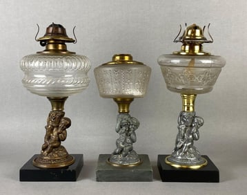 Group of 3 Cast Metal Cherub Eating Grapes Oil Lamp Bases