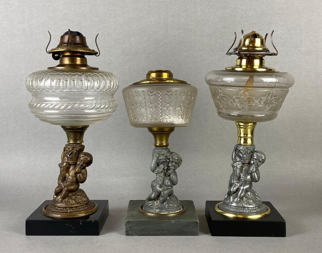 Group of 3 Cast Metal Cherub Eating Grapes Oil Lamp Bases (1 of 7)