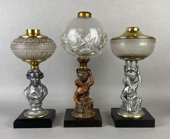 Group of 3 Cast Metal Figural Women Oil Lamp Bases