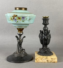 Group of 2 Cast Metal Bird Motif Oil Lamp and Candlestick Bases