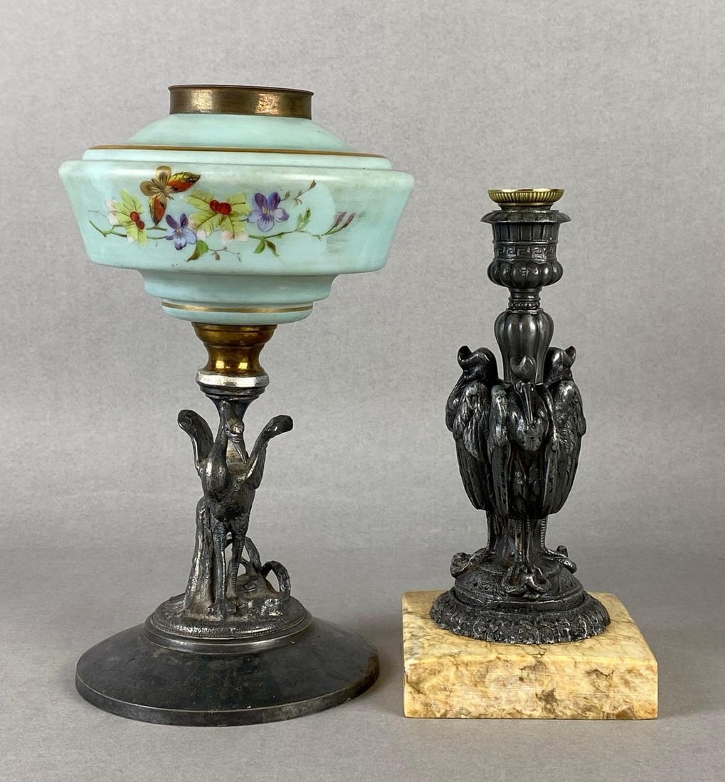 Group of 2 Cast Metal Bird Motif Oil Lamp and Candlestick Bases (1 of 6)