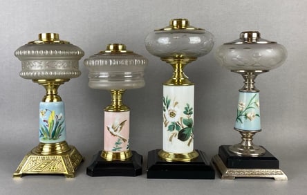Group of 4 Floral Painted Porcelain Oil Lamp Bases