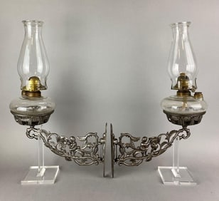 Group of 2 Antique Cast Iron Oil Lamp Sconces