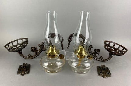 Group of 2 Cast Iron Oil Lamp Sconces