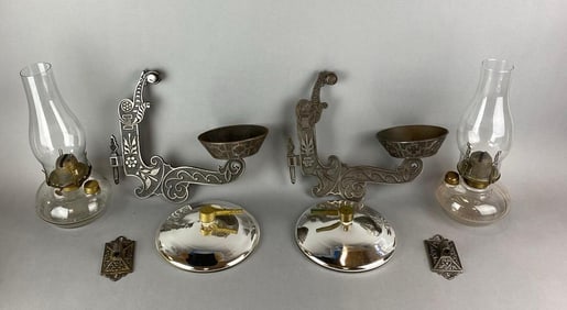 Group of 2 Antique Cast Iron Oil Lamp Sconces