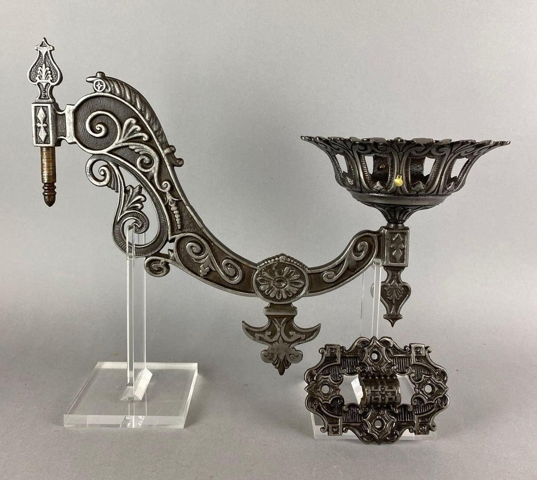 Antique Cast Iron Oil Lamp Wall Sconce: Some rust present. Measures 12 x 7 x 16 inches