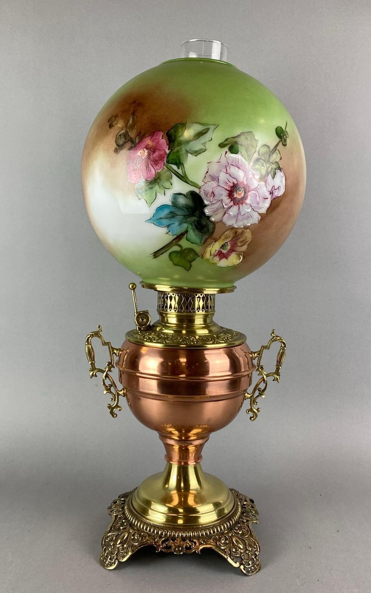 Antique Victorian Hand Painted Floral Motif Oil Lamp: Wear consistent with age. Measures 23 x 10 x 10 inches.