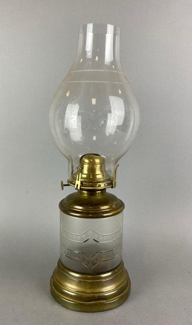 Antique Victorian Etched Glass Oil Lamp: Wear is consistent with age. Measures 16 x 4 1/2 x 4 1/2 inches.