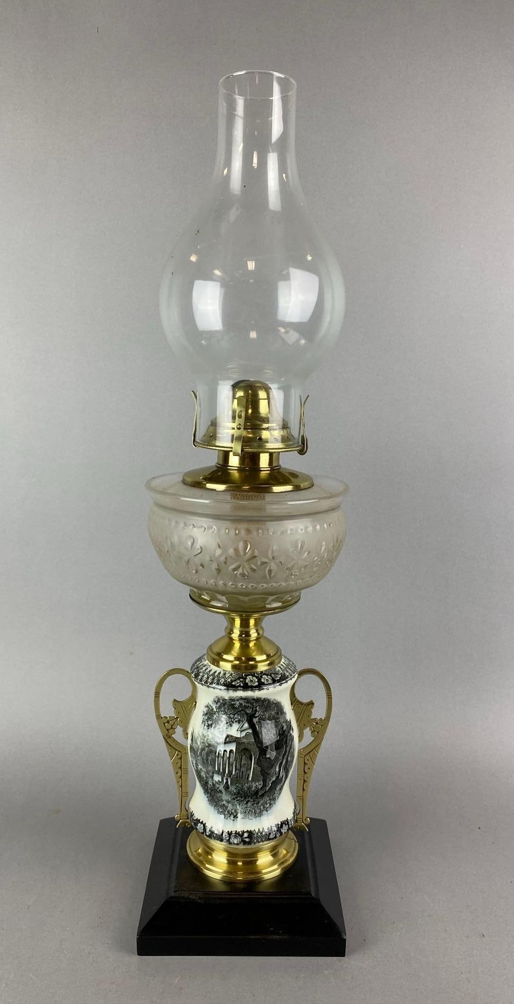 Antique Victorian Scenery Motif Oil Lamp: Wear is consistent with age. Measures 22 1/2 x 5 3/4 x 5 3/4 inches.