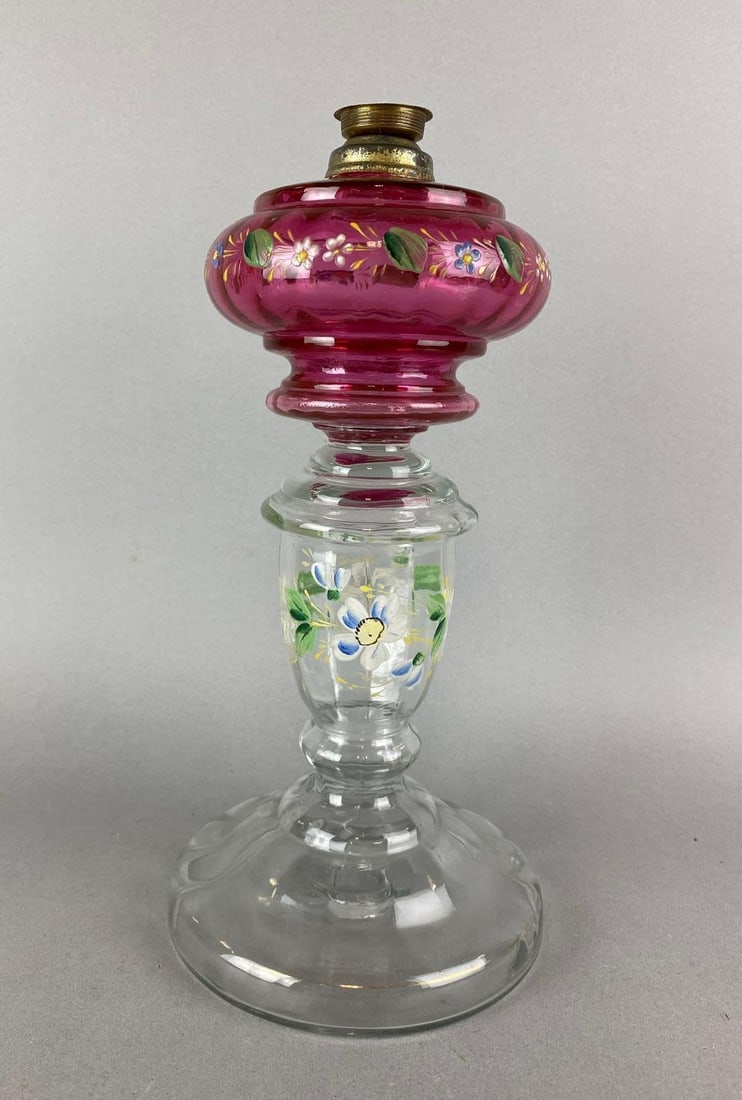 Antique Victorian Hand Painted Floral Motif Oil Lamp: Needs a good cleaning. Wear consistent with age. Measures 13 1/4 x 5 1/2 x 5 1/2 inches.