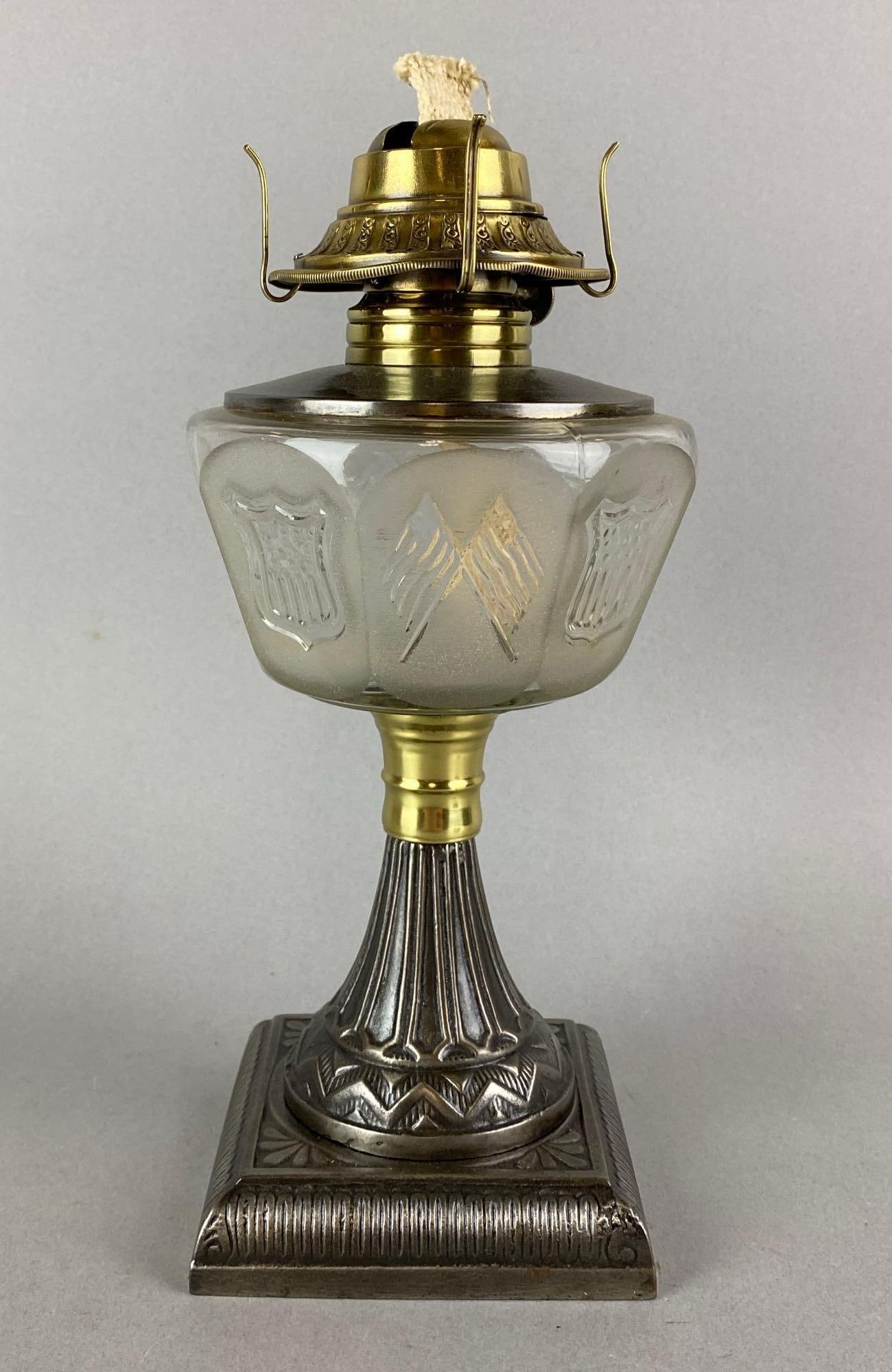 Antique Victorian American Flag Motif Oil Lamp: Wear consistent with age. Needs a good cleaning. Measures 11 X 5 1/2 x 5 1/2 inches