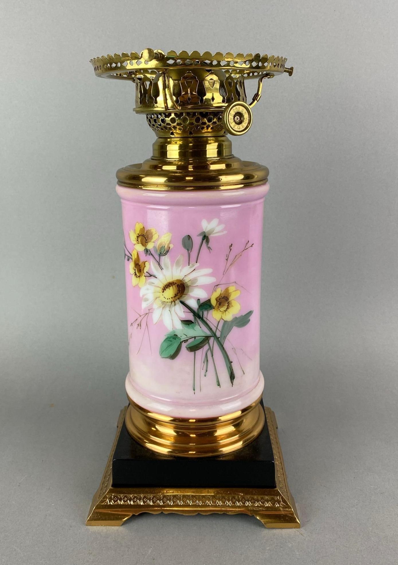 Antique Victorian Hand Painted Floral Motif Oil Lamp: Wear consistent with age. Measures 12 x 1/2 x 6 x 6 inches.
