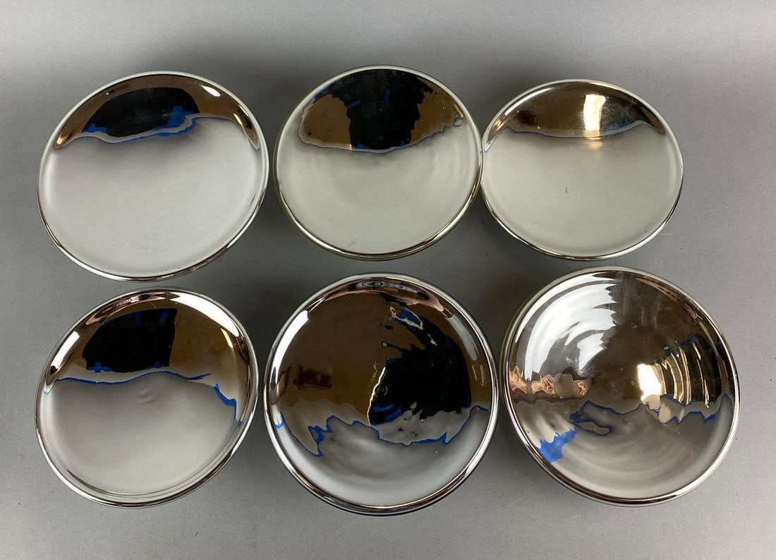 Group of 6 Antique Mercury Reflectors: One is missing the part that goes on the oil lamp. Largest measures 3 x 7 3/4 x 7 3/4 inches.