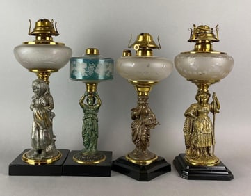 Group of 4 Antique Victorian Figural Women Oil Lamps