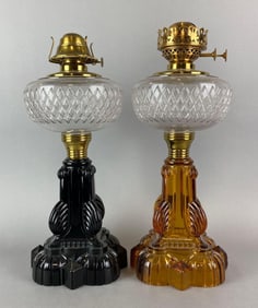 Group of 2 Antique Victorian Palmetto Cathedral Oil Lamps