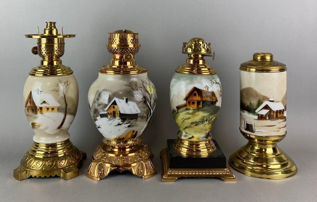 Group of 4 Antique Victorian Hand Painted Scenery Oil Lamps (1 of 4)