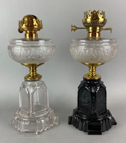 Group of 2 Antique Victorian Glass Oil Lamps
