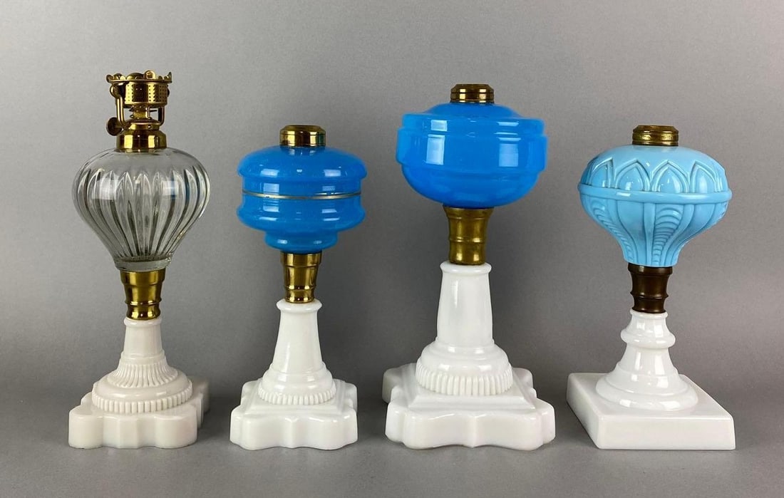 Group of 3 Antique Victorian White glass Oil Lamps: Bases have flea bites and cracks. Largest measures 11 x 5 x 5 inches.