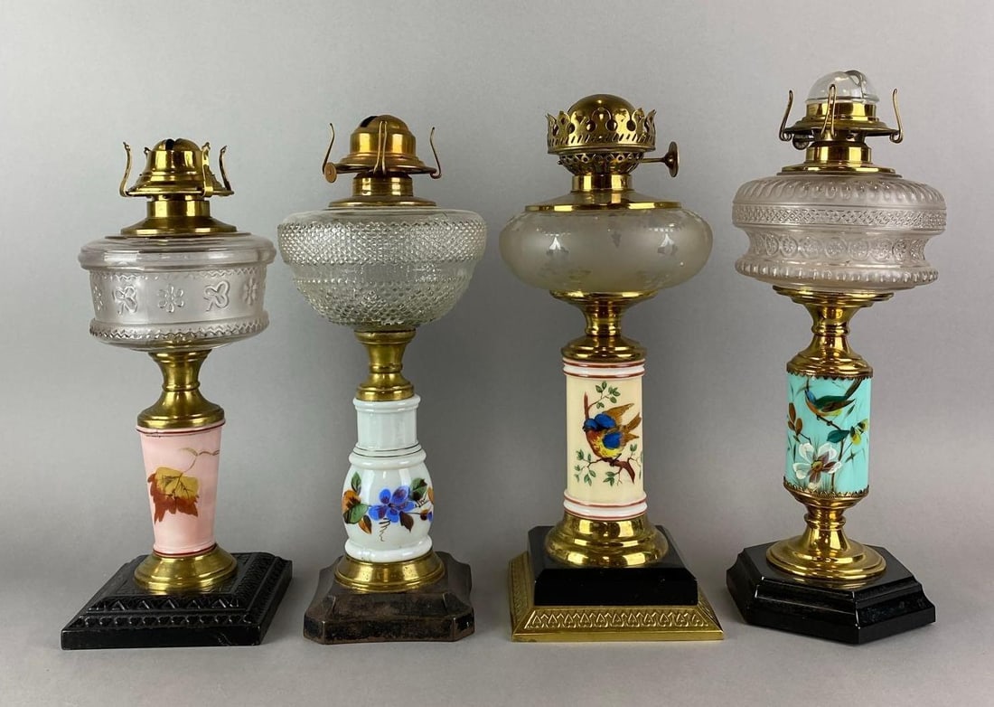 Group of 4 Antique Victorian Hand Painted Floral and Bird Motif Oil Lamps (1 of 4)