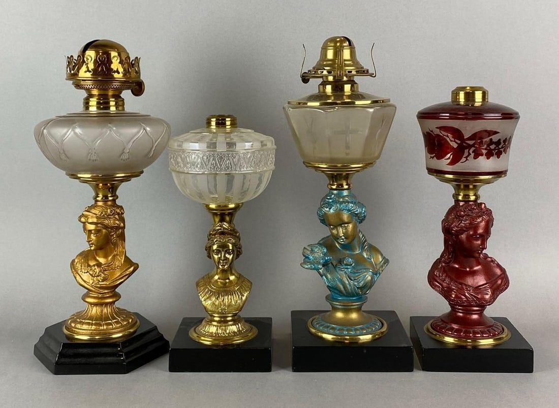 Group of 4 Antique Victorian Figural Oil Lamps: Includes red, blue and gold. Largest measures 14 1/2 x 7 x 7 inches.