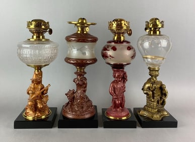 Group of 4 Antique Victorian Figural Oil Lamps