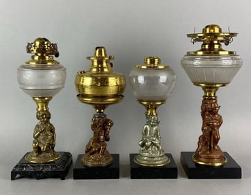 Group of 4 Antique Victorian Figural Oil Lamps