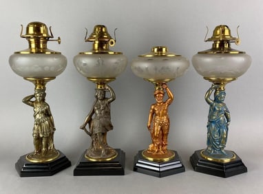 Group of 4 Antique Victorian Figural Oil Lamps