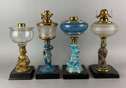 Group of 4 Antique Victorian Figural Oil Lamps