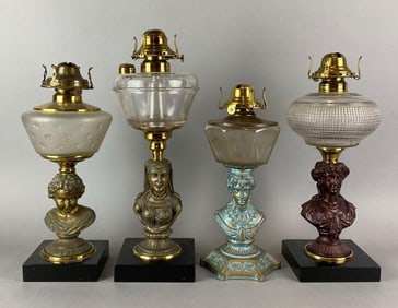 Group of 4 Antique Victorian Figural Oil Lamps