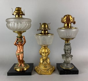 Group of 3 Antique Victorian Figural Oil Lamps