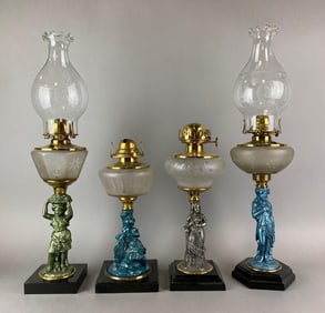 Group of 4 Antique Victorian Figural Oil Lamps