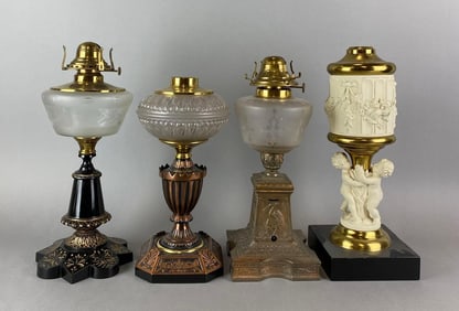Group of 4 Antique Victorian Ornate Oil Lamps