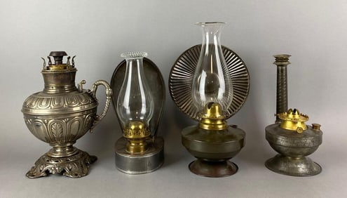 Group of 4 Assorted Antique Metal Oil Lamps